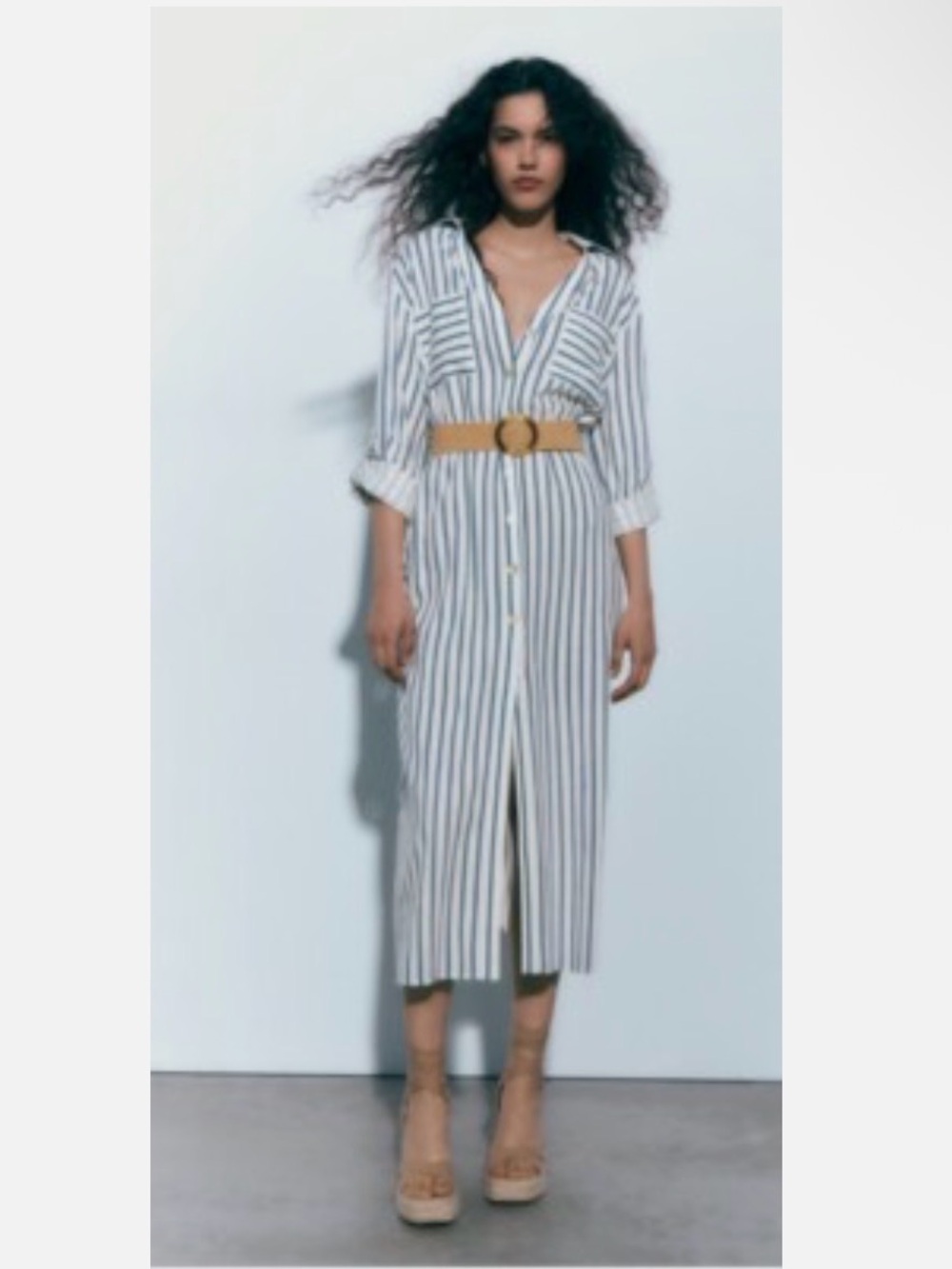 Zara Blue and White Striped Linen-Blend Midi Shirt Dress with black Belt